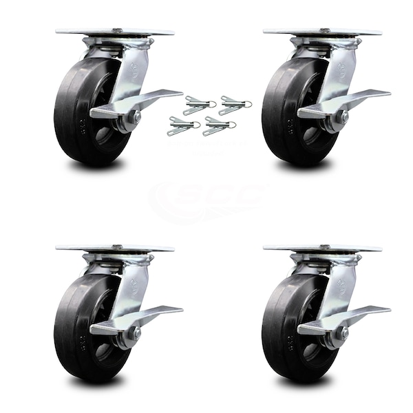 6 Inch Rubber on Steel Caster Set with Ball Bearings and Brakes/Swivel Locks SCC